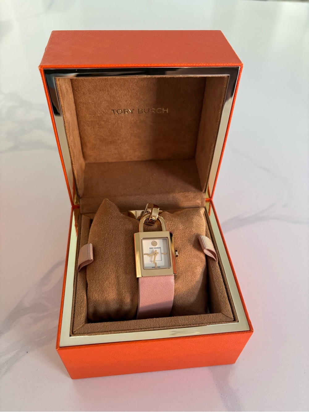 Tory Burch Gold Padlock Watch with Pink Leather Strap - Picture 2 of 9
